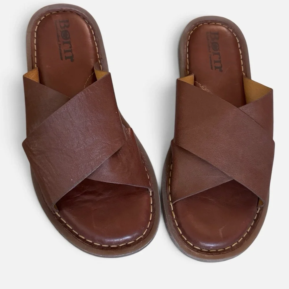 Born Miles Brown Leather Criss Cross Open Toe Sandal Slide Men's Size 10
